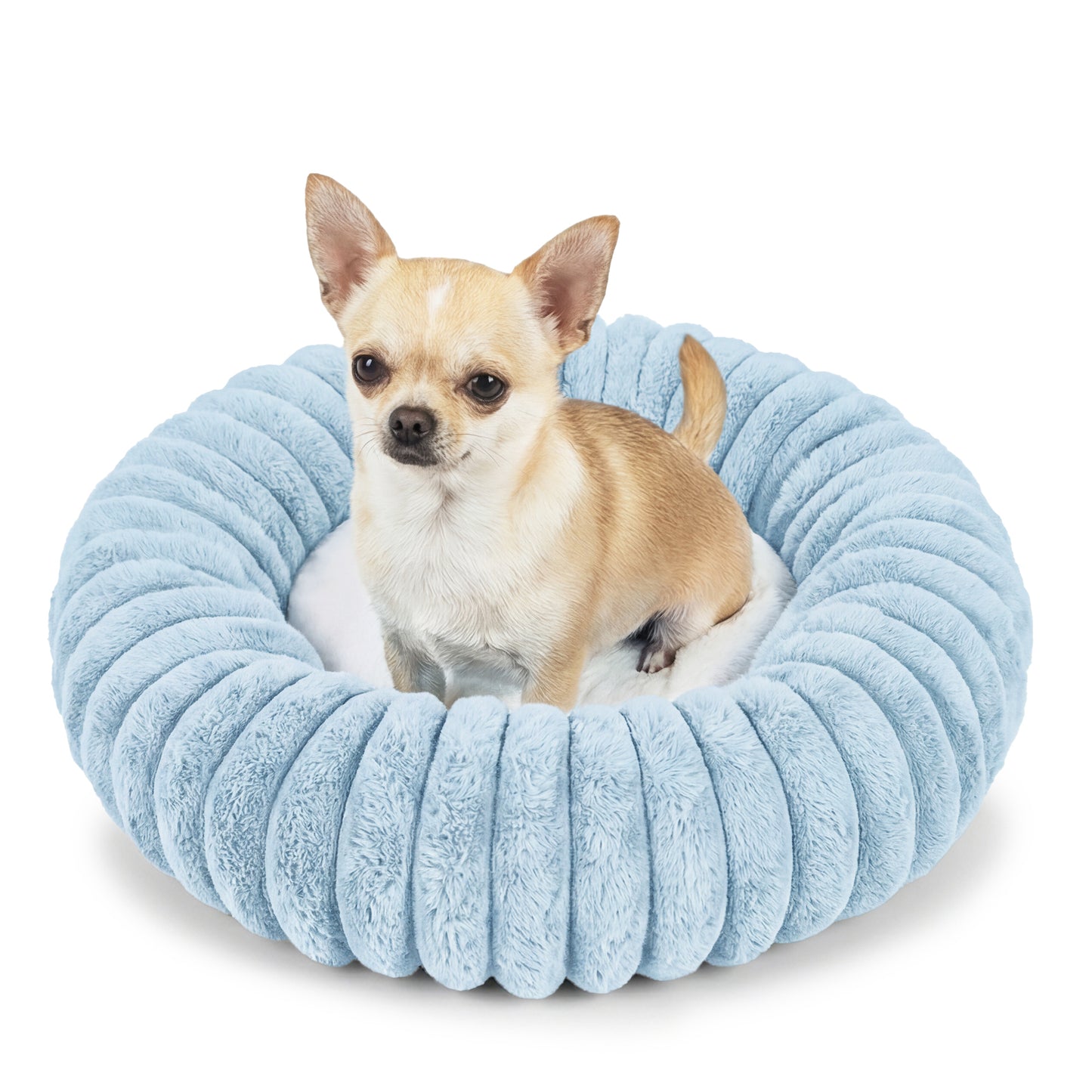 Exclusivo Mezcla Calming Donut Dog Bed, 20 inches Cozy Fluffy Faux Rabbit Fur Round Pet Bed, Machine Washable, Blue