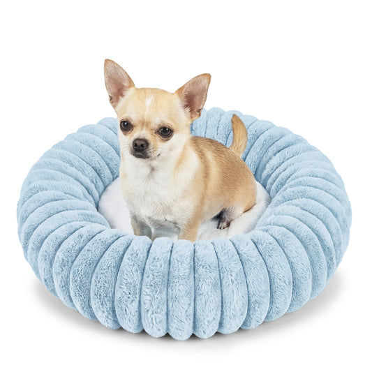 Exclusivo Mezcla Calming Donut Dog Bed, 20 inches Cozy Fluffy Faux Rabbit Fur Round Pet Bed, Machine Washable, Blue
