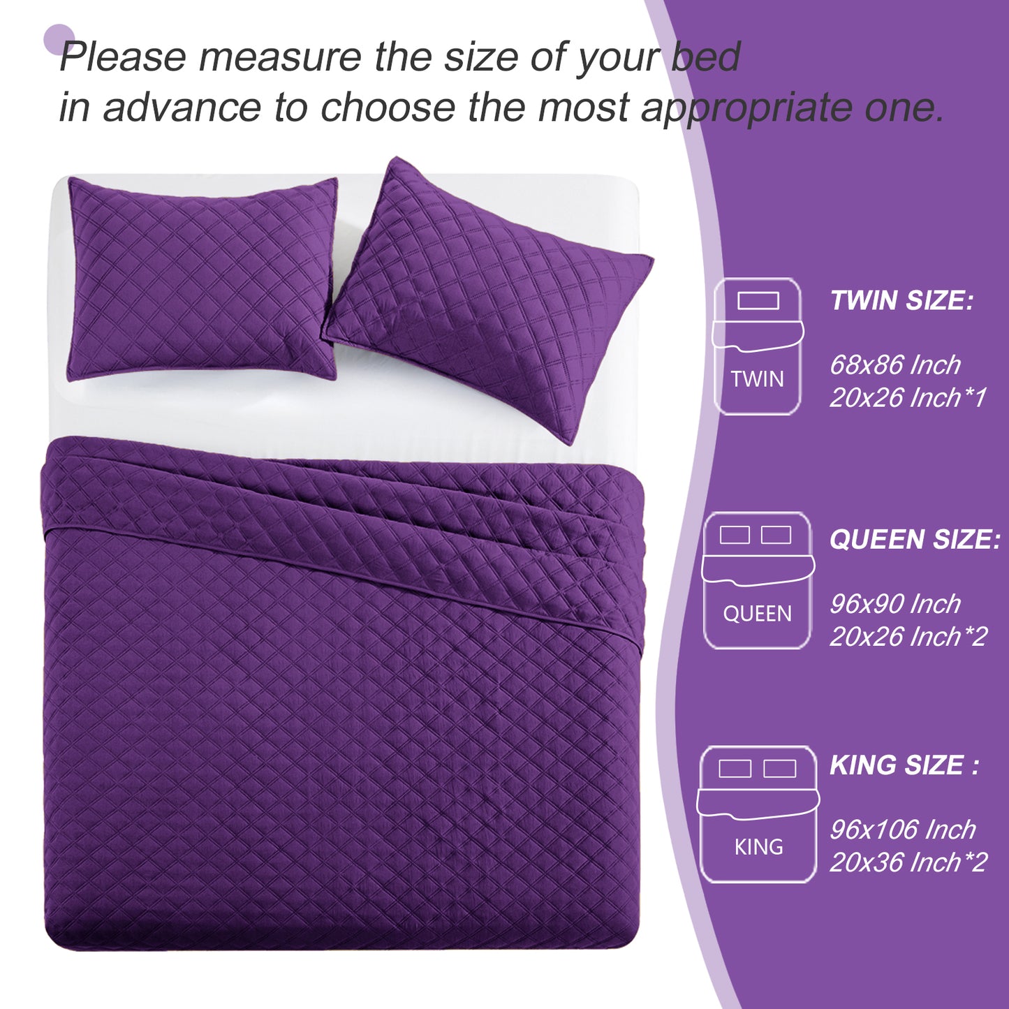 Exclusivo Mezcla 2-Piece Deep Purple Twin Size Quilt Set, Box Pattern Ultrasonic Lightweight and Soft Quilts/Bedspreads/Coverlets/Bedding Set (1 Quilt, 1 Pillow Sham) for All Seasons