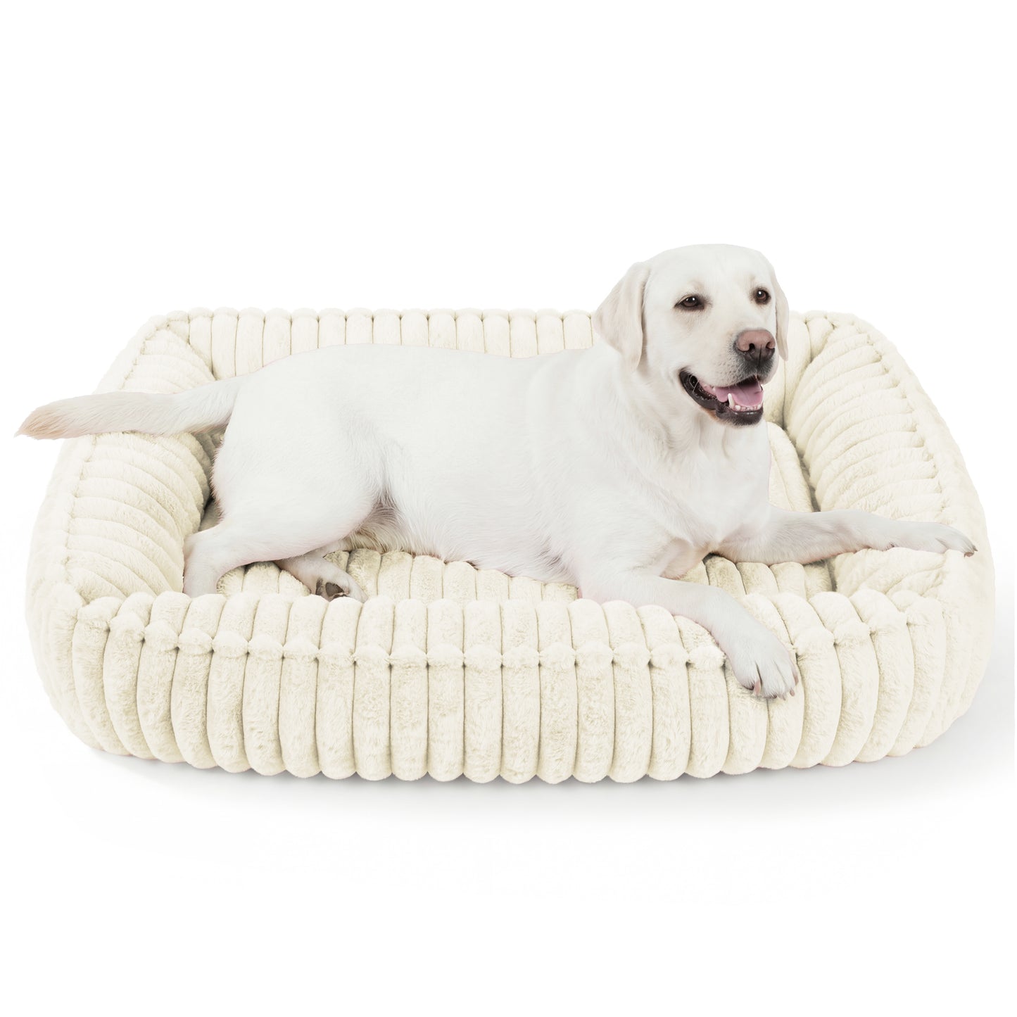 Exclusivo Mezcla Ribbed Plush Cuddler Dog Bed, 40"x32" Calming Pet Bed with Non-Slip Bottom for Large Dogs, Machine Washable, Ivory
