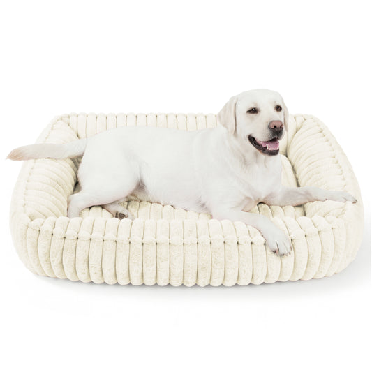 Exclusivo Mezcla Ribbed Plush Cuddler Dog Bed, 40"x32" Calming Pet Bed with Non-Slip Bottom for Large Dogs, Machine Washable, Ivory