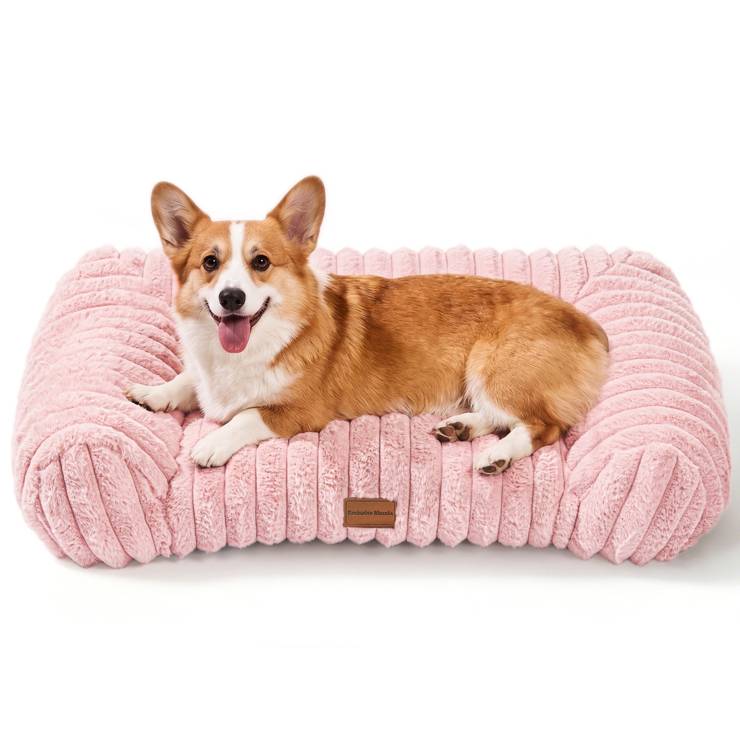 Exclusivo Mezcla Cuddler Couch Pet Bed with Sides for Small Medium Dogs, 30"x20" Ribbed Plush Corduroy Dog Bed with Non-Slip Bottom and Washable Cover, Pink