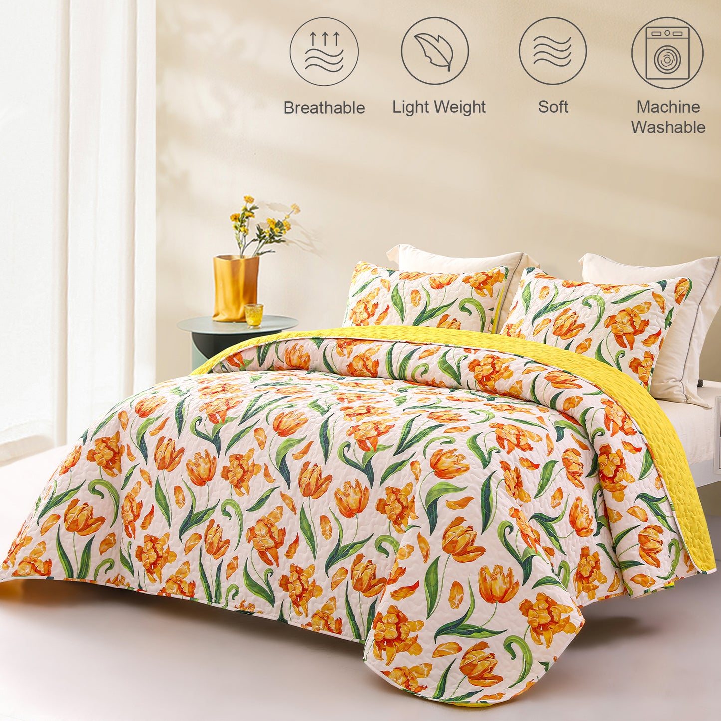 Exclusivo Mezcla Floral Quilt Set King Size, 3-Piece Reversible Quilt Bedding Set with Botanical Yellow Flower Pattern (2 Pillow Shams), Lightweight and Soft Bedspread Coverlets