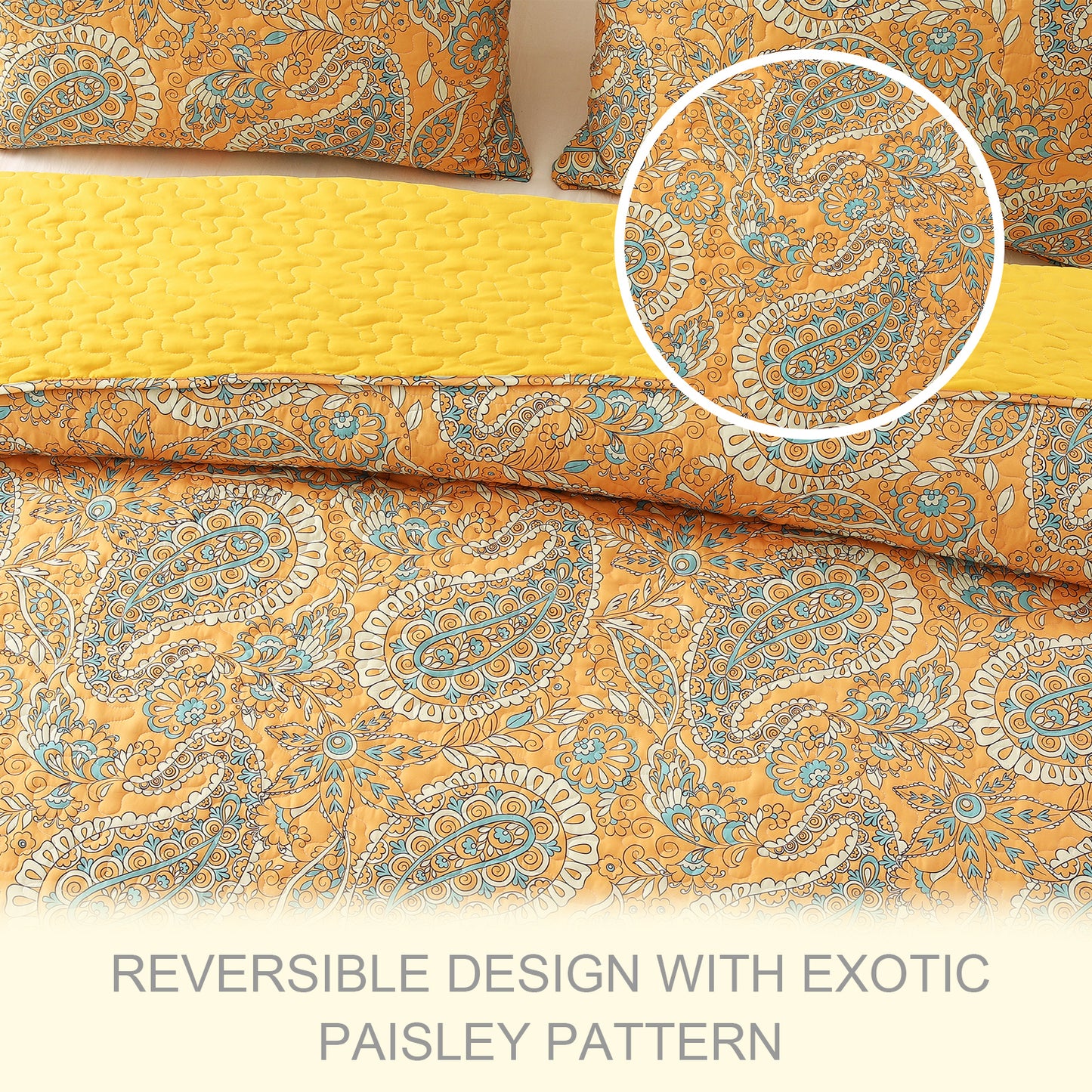 Exclusivo Mezcla Reversible Boho Quilt Set Queen Size, 3 Pieces Paisley Orange All Season Bedspreads, Ultra Soft Floral Coverlet Bedding Set with Printed Pattern (1 Quilt, 2 Pillow Shams)
