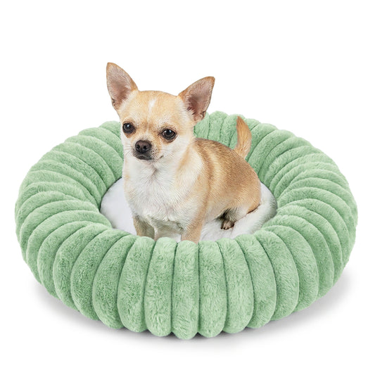 Exclusivo Mezcla Calming Donut Dog Bed, 20 inches Cozy Fluffy Faux Rabbit Fur Round Pet Bed, Machine Washable, Green
