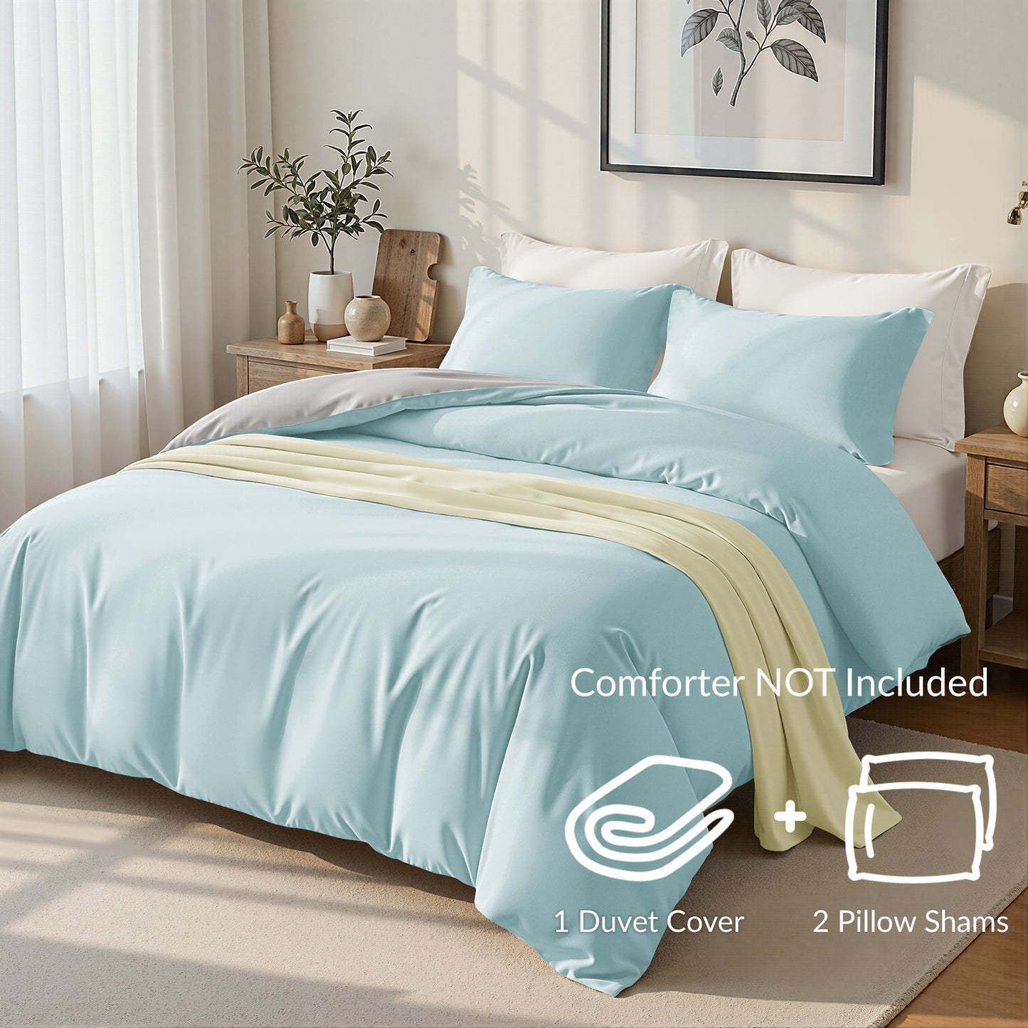 Exclusivo Mezcla Queen Bedding Duvet Cover Set, 3 Pieces Lightweight Comforter Cover with Pillow Shams (Light Green and Light Grey)