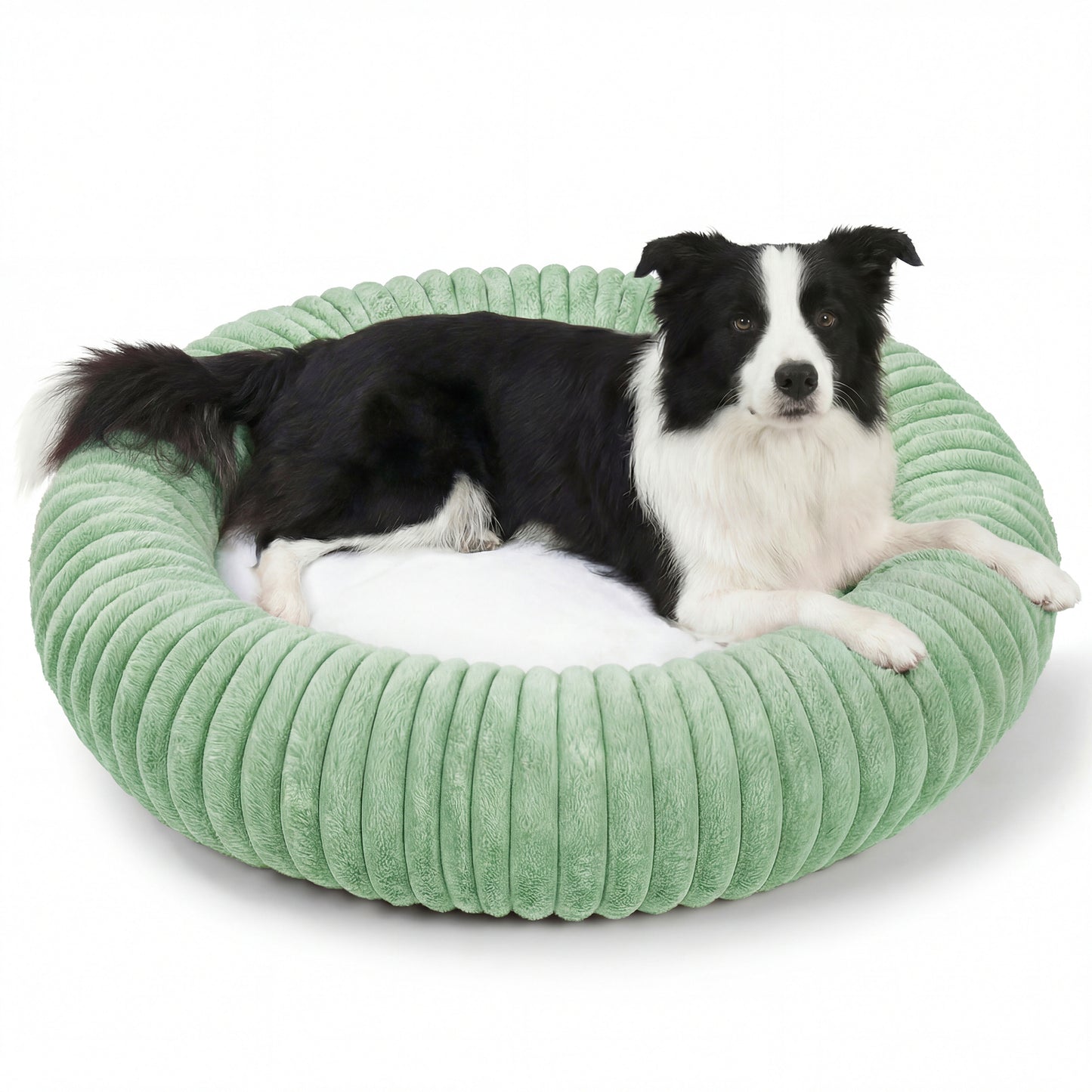 Exclusivo Mezcla Calming Donut Dog Bed, 32 inches Cozy Fluffy Faux Rabbit Fur Round Pet Bed, Machine Washable, Green