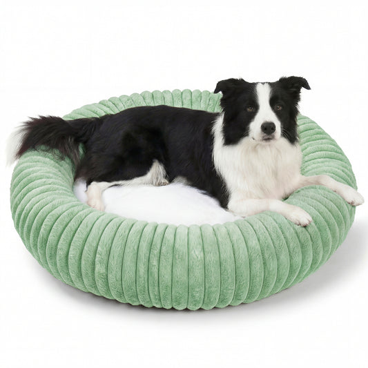 Exclusivo Mezcla Calming Donut Dog Bed, 32 inches Cozy Fluffy Faux Rabbit Fur Round Pet Bed, Machine Washable, Green