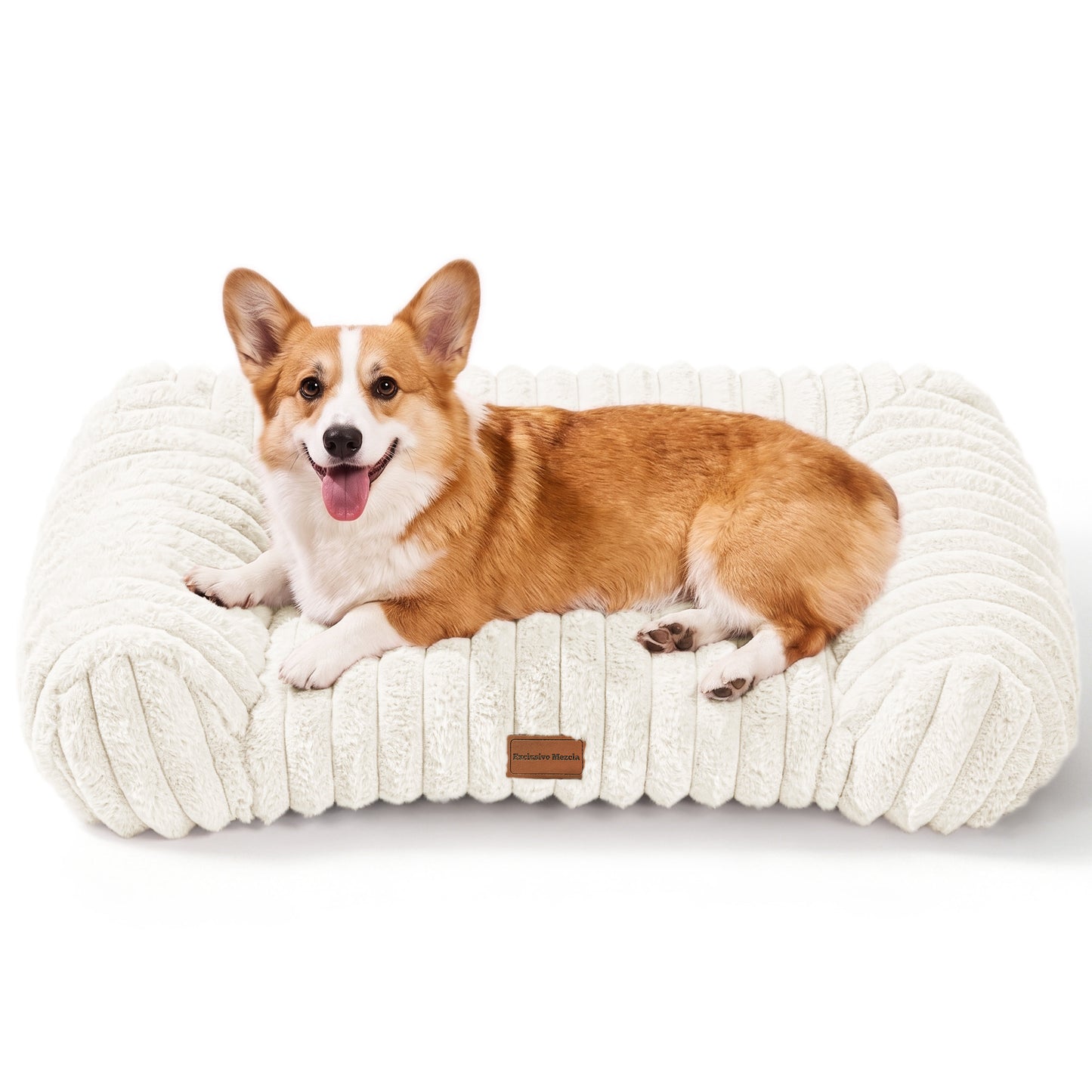 Exclusivo Mezcla Cuddler Couch Pet Bed with Sides for Medium Large Dogs, 36"x28" Ribbed Plush Corduroy Dog Bed with Non-Slip Bottom and Washable Cover, Ivory