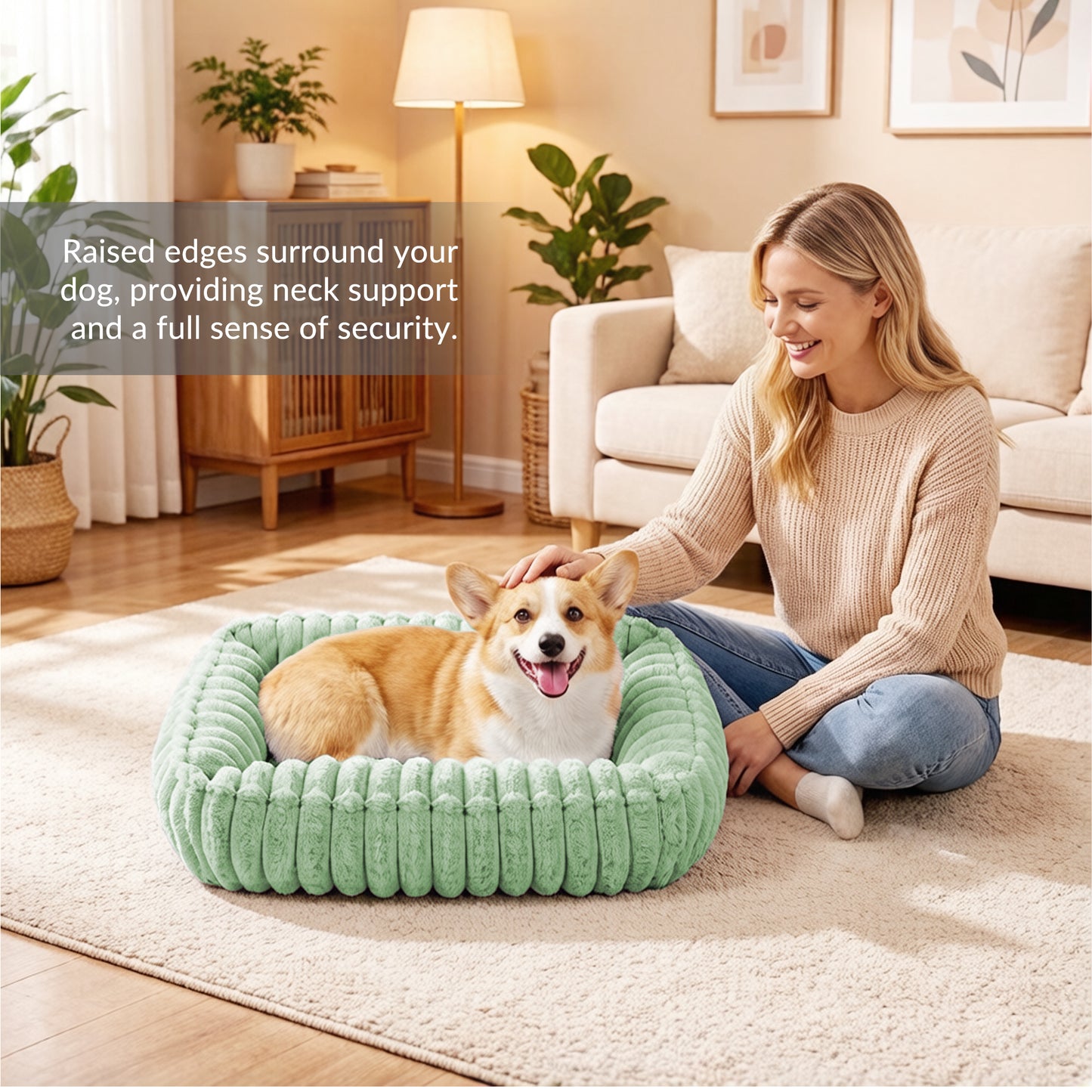 Exclusivo Mezcla Ribbed Plush Cuddler Dog Bed, 40"x32" Calming Pet Bed with Non-Slip Bottom for Large Dogs, Machine Washable, Green