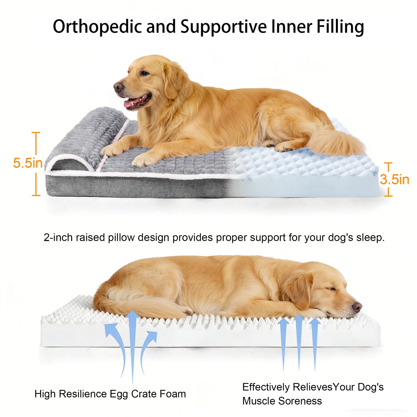 Exclusivo Mezcla Orthopedic Dog Bed with Head Pillow for Extra Large Dogs, Removable and Machine-Washable Cover, 56"X40", Grey