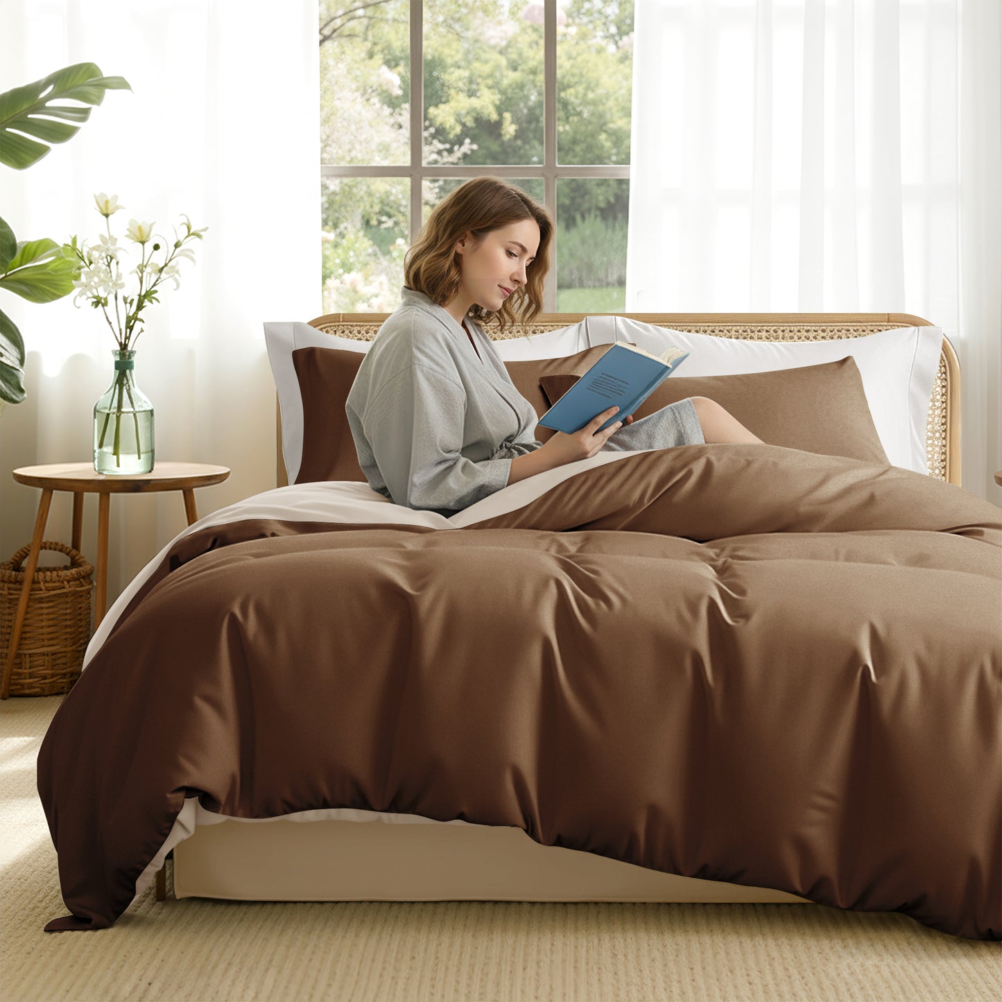 Exclusivo Mezcla Twin Bedding Duvet Cover Set, 2 Pieces Lightweight Comforter Cover with Pillow Sham (Brown and Brich Beige)