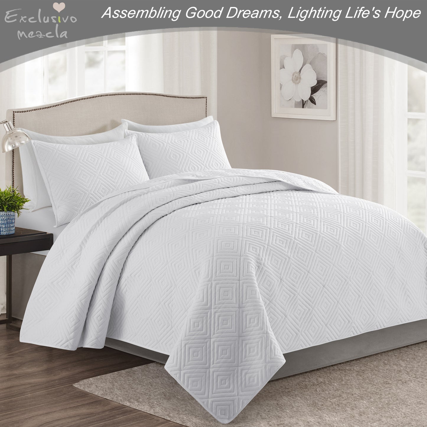 Exclusivo Mezcla 2-Piece White Twin Size Quilt Set, Square Pattern Ultrasonic Lightweight and Soft Quilts/Bedspreads/Coverlets/Bedding Set (1 Quilt, 1 Pillow Sham) for All Seasons