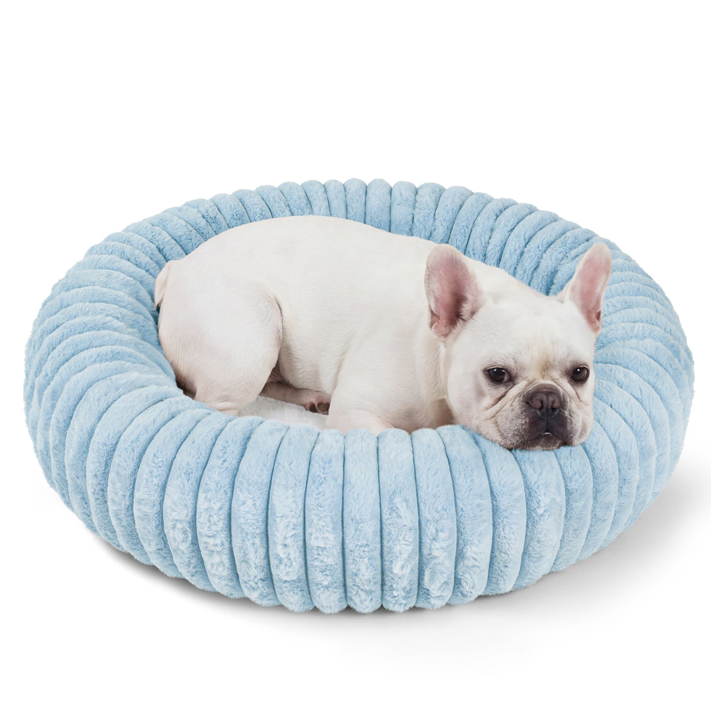 Exclusivo Mezcla Calming Donut Dog Bed, 28 inches Cozy Fluffy Faux Rabbit Fur Round Pet Bed, Machine Washable, Blue