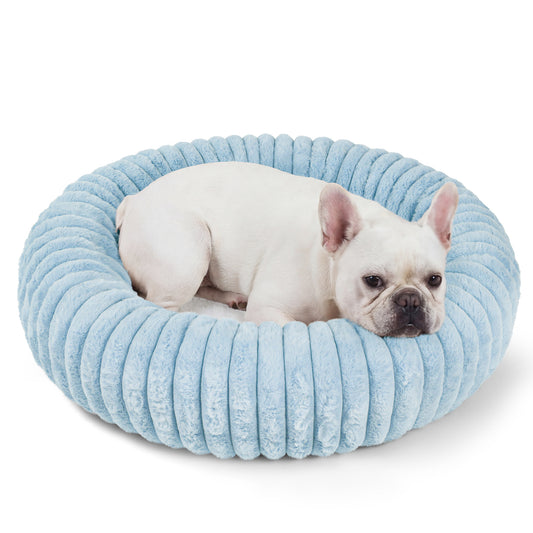 Exclusivo Mezcla Calming Donut Dog Bed, 28 inches Cozy Fluffy Faux Rabbit Fur Round Pet Bed, Machine Washable, Blue