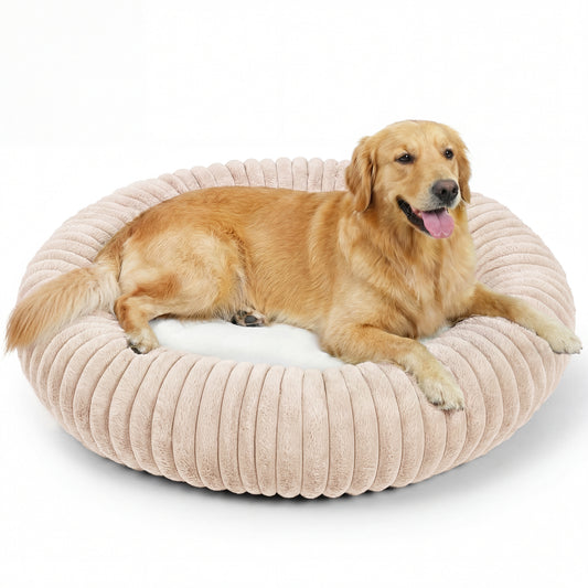 Exclusivo Mezcla Calming Donut Dog Bed, 36 inches Cozy Fluffy Faux Rabbit Fur Round Pet Bed, Machine Washable, Apricot