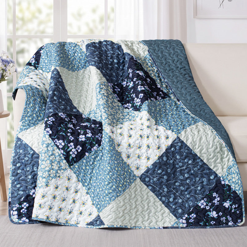 Exclusivo Mezcla Microfiber Boho Patchwork Pattern Quilted Throw Blanket for Bed, Soft and Lightweight Throw Quilt (60"x 80",Blue)