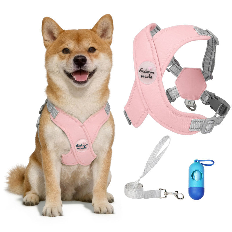 Exclusivo Mezcla Comfort Control Dog Harness with Leash and Poop Bags, No Pull X-Frame Adjustable Pet Harness for Small and Medium Dogs, Pink, M