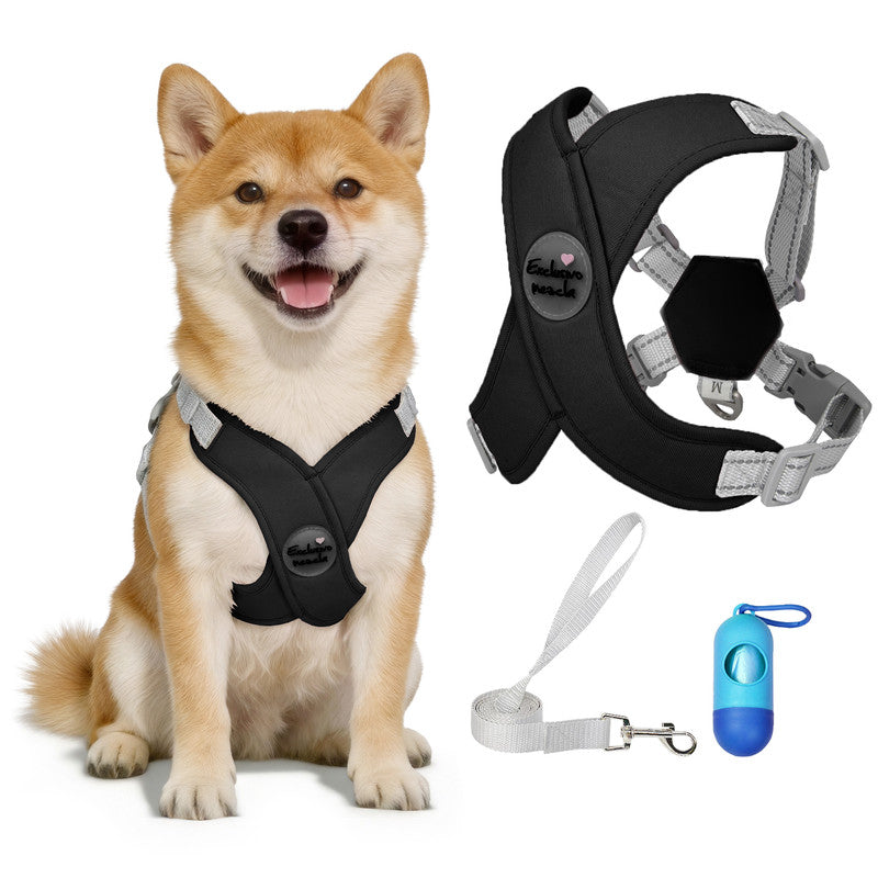 Exclusivo Mezcla Comfort Control Dog Harness with Leash and Poop Bags, No Pull X-Frame Adjustable Pet Harness for Small and Medium Dogs, Black, M