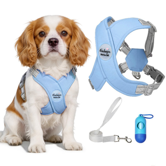 Exclusivo Mezcla Comfort Control Dog Harness with Leash and Poop Bags, No Pull X-Frame Adjustable Pet Harness for Small Dogs, Blue, XS