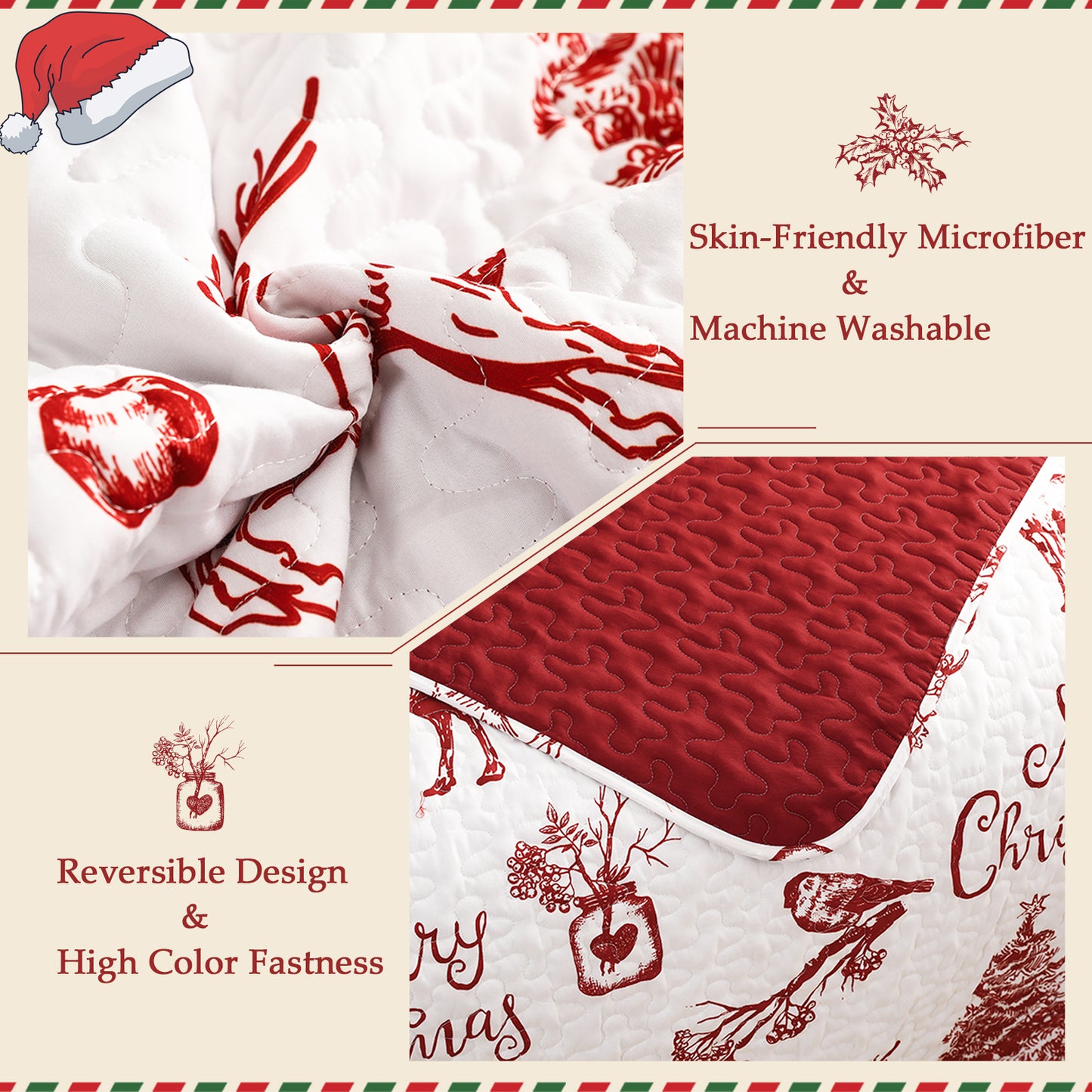 Exclusivo Mezcla Christmas Quilt Set King Size Bedding Set, Reversible White and Rust Red Bedspreads/ Coverlets with Christmas Trees Reindeer Wreaths Pattern, for Holiday Decoration and Gifts