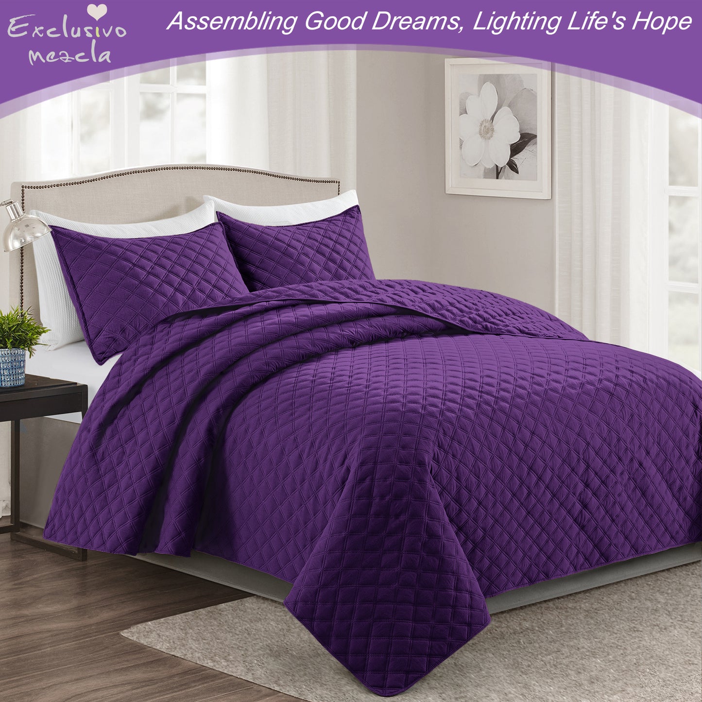 Exclusivo Mezcla 2-Piece Deep Purple Twin Size Quilt Set, Box Pattern Ultrasonic Lightweight and Soft Quilts/Bedspreads/Coverlets/Bedding Set (1 Quilt, 1 Pillow Sham) for All Seasons