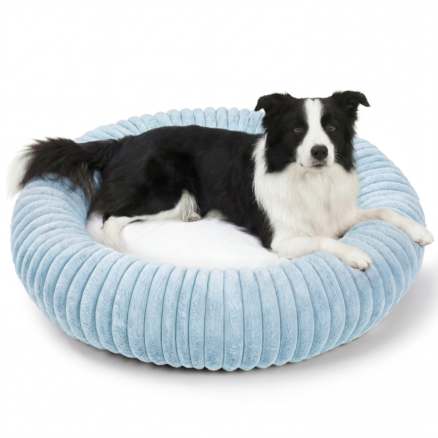 Exclusivo Mezcla Calming Donut Dog Bed, 32 inches Cozy Fluffy Faux Rabbit Fur Round Pet Bed, Machine Washable, Blue