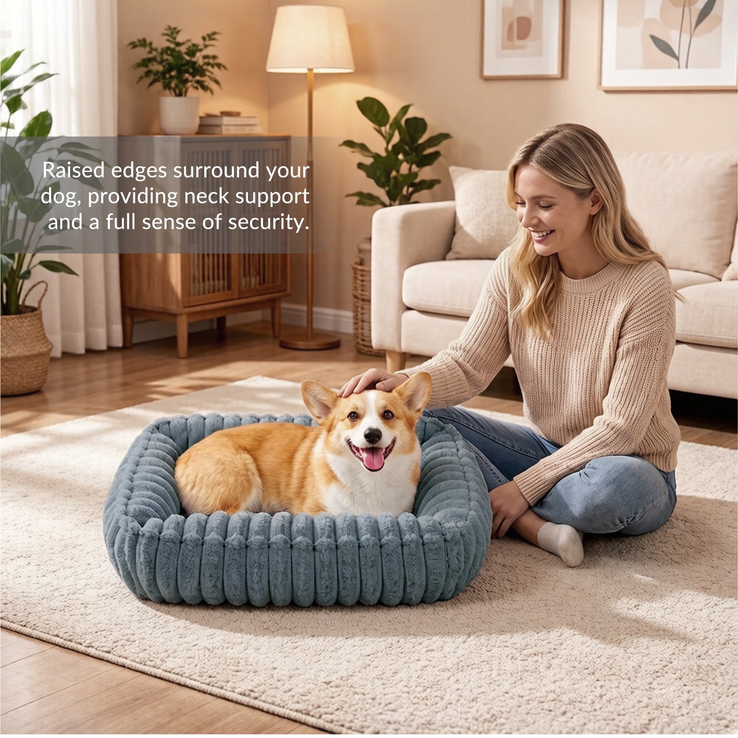 Exclusivo Mezcla Ribbed Plush Cuddler Dog Bed, 24"x20" Calming Pet Bed with Non-Slip Bottom for Medium Dogs, Machine Washable, Dark Grey