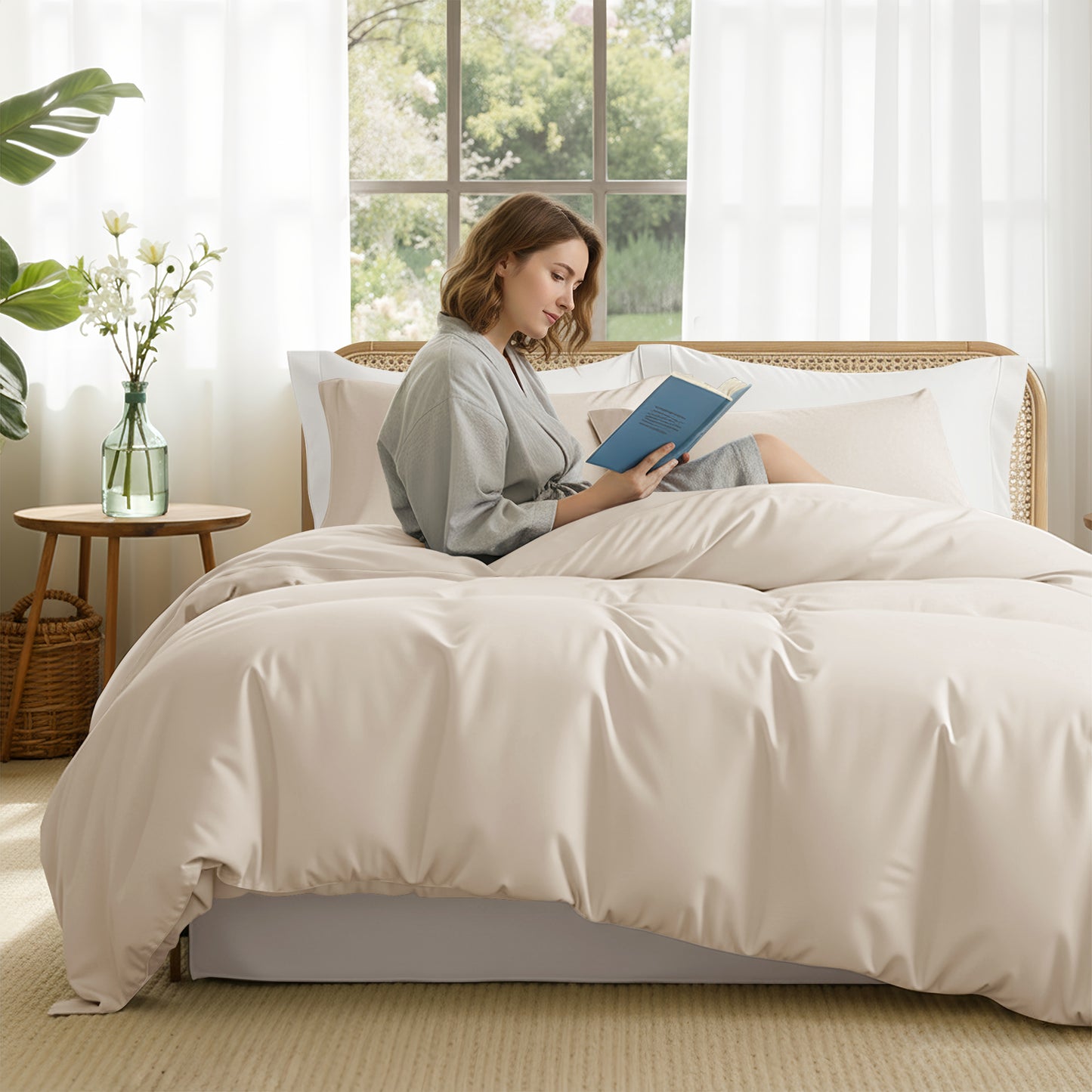 Exclusivo Mezcla Queen Bedding Duvet Cover Set, 3 Pieces Lightweight Comforter Cover with Pillow Shams (Brich Beige)