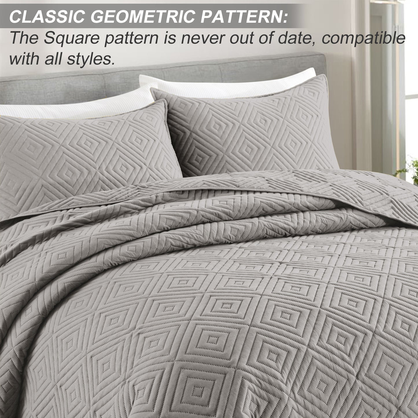 Exclusivo Mezcla 2-Piece Light Gray Twin Size Quilt Set, Square Pattern Ultrasonic Lightweight and Soft Quilts/Bedspreads/Coverlets/Bedding Set (1 Quilt, 1 Pillow Sham) for All Seasons