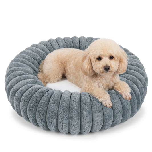 Exclusivo Mezcla Calming Donut Dog Bed, 24 inches Cozy Fluffy Faux Rabbit Fur Round Pet Bed, Machine Washable, Dark Grey
