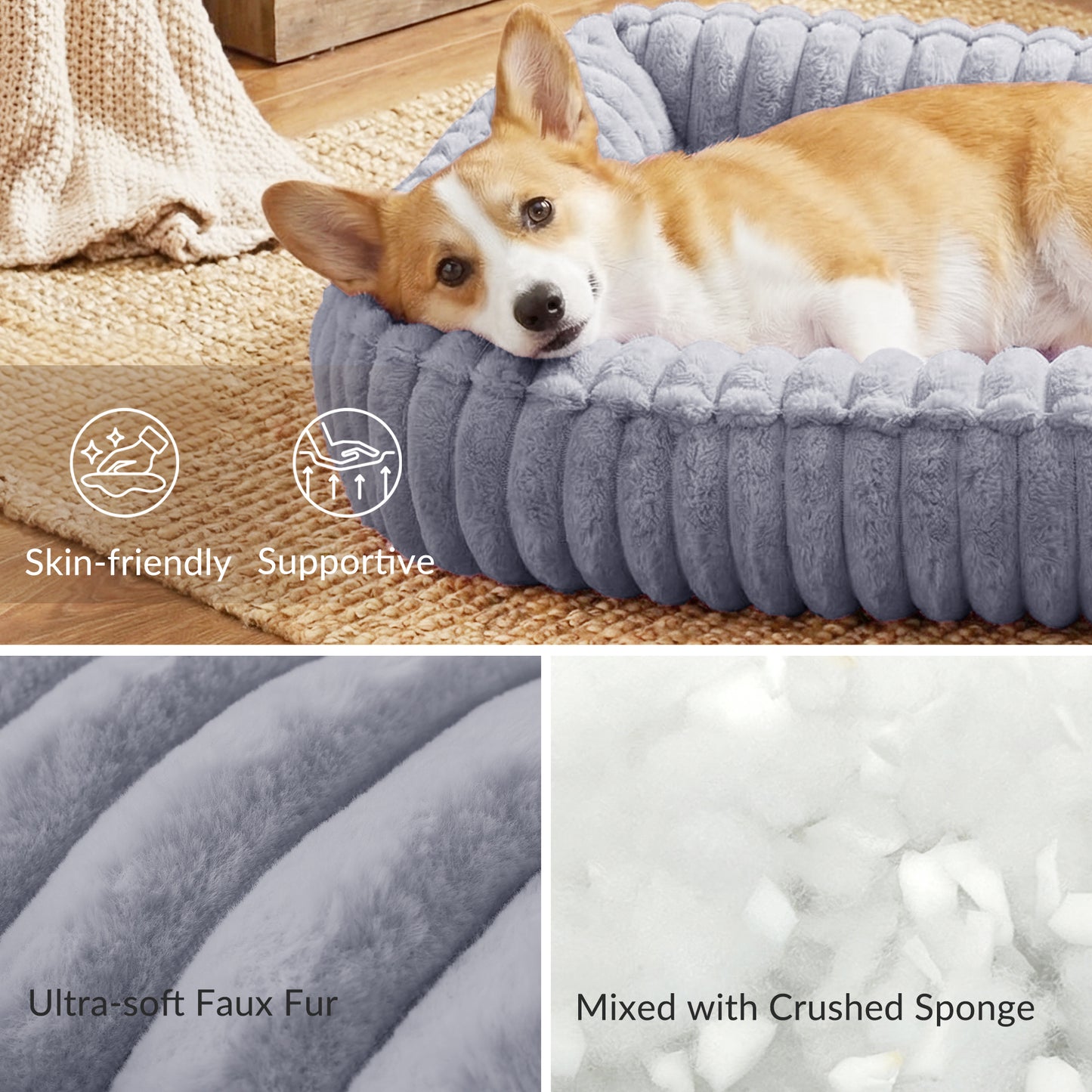 Exclusivo Mezcla Ribbed Plush Cuddler Dog Bed, 36"x28" Calming Pet Bed with Non-Slip Bottom for Large Dogs, Machine Washable, Light Grey