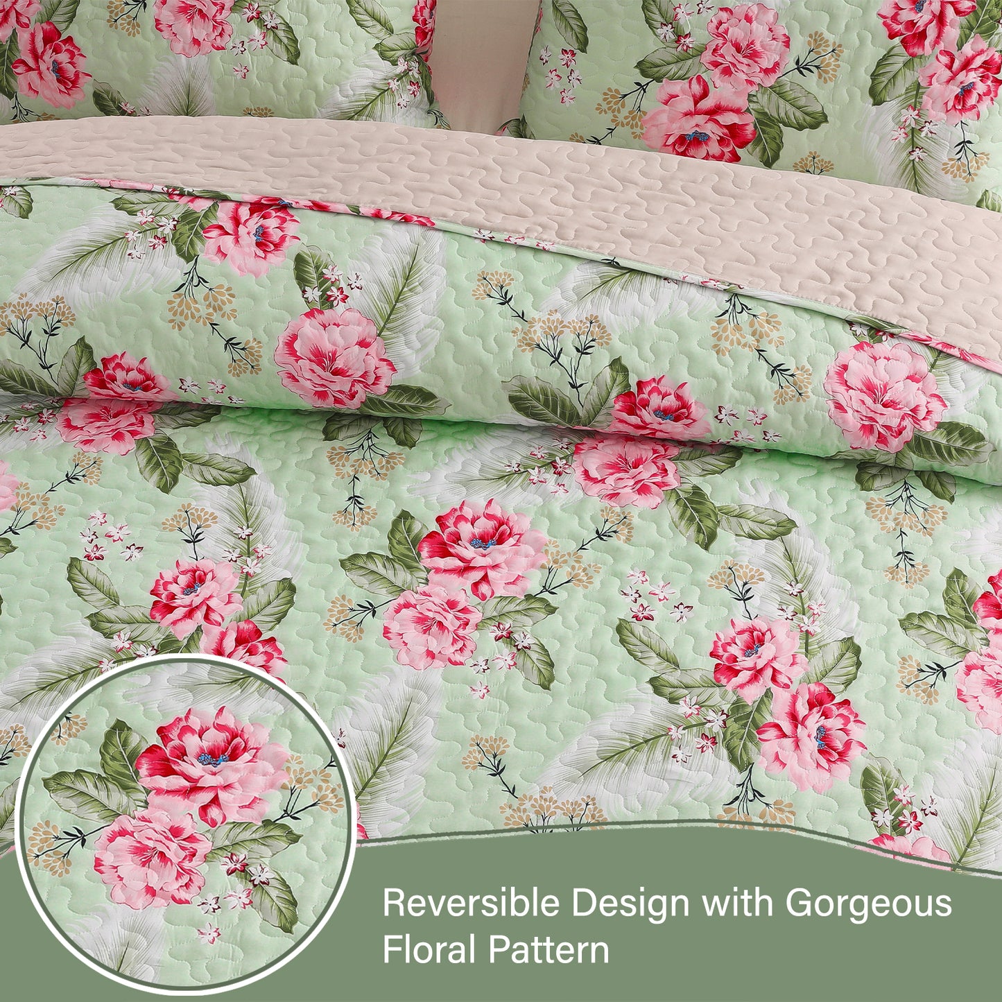 Exclusivo Mezcla Floral Quilt Set King Size, 3-Piece Reversible Quilt Bedding Set with Botanical Pink Flower Pattern (2 Pillow Shams), Lightweight and Soft Bedspread Coverlets