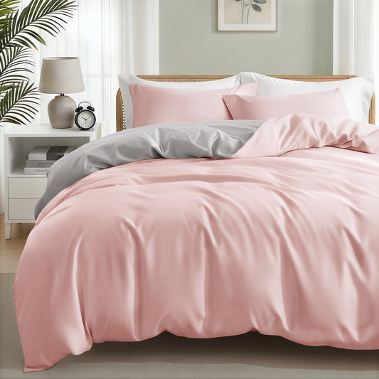 Exclusivo Mezcla King Bedding Duvet Cover Set, 3 Pieces Lightweight Comforter Cover with Pillow Shams (Pink and Light Grey)