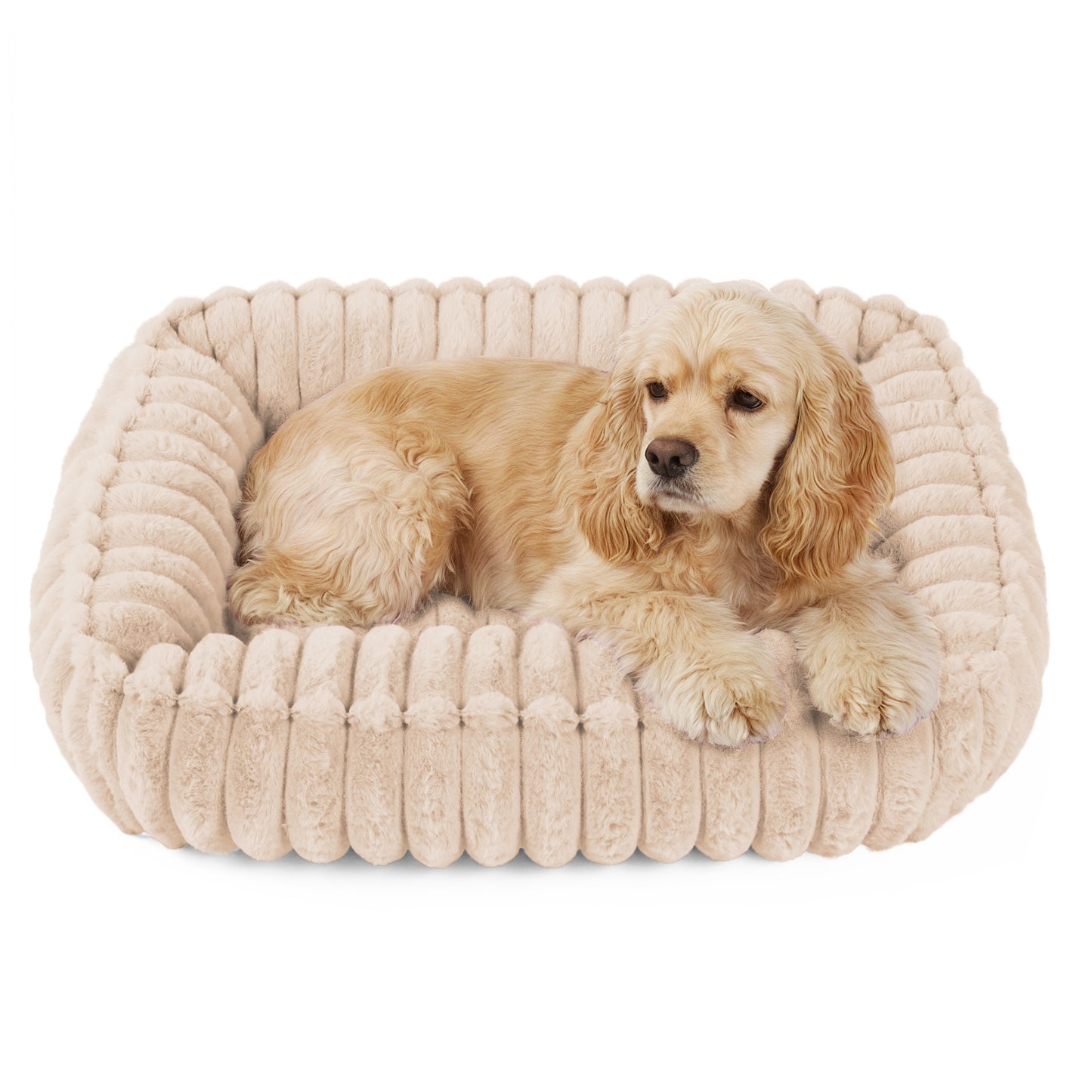 Exclusivo Mezcla Ribbed Plush Cuddler Dog Bed, 32"x24" Calming Pet Bed with Non-Slip Bottom for Medium Dogs, Machine Washable, Apricot