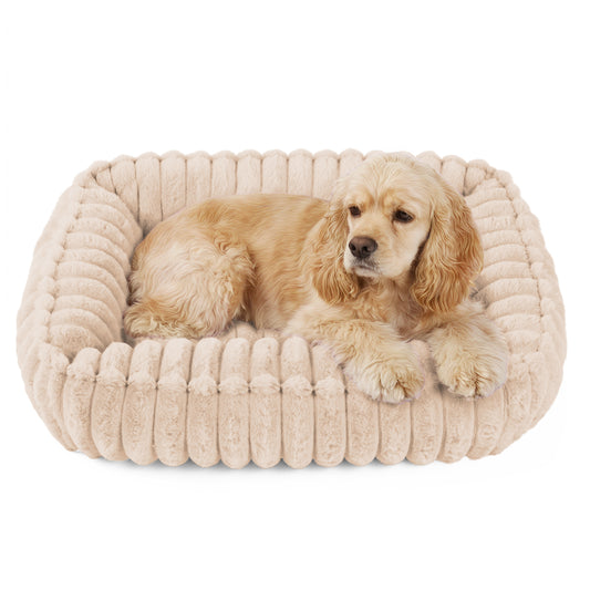 Exclusivo Mezcla Ribbed Plush Cuddler Dog Bed, 32"x24" Calming Pet Bed with Non-Slip Bottom for Medium Dogs, Machine Washable, Apricot