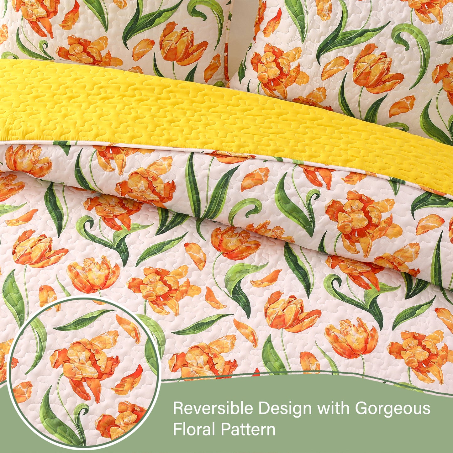 Exclusivo Mezcla Floral Quilt Set King Size, 3-Piece Reversible Quilt Bedding Set with Botanical Yellow Flower Pattern (2 Pillow Shams), Lightweight and Soft Bedspread Coverlets