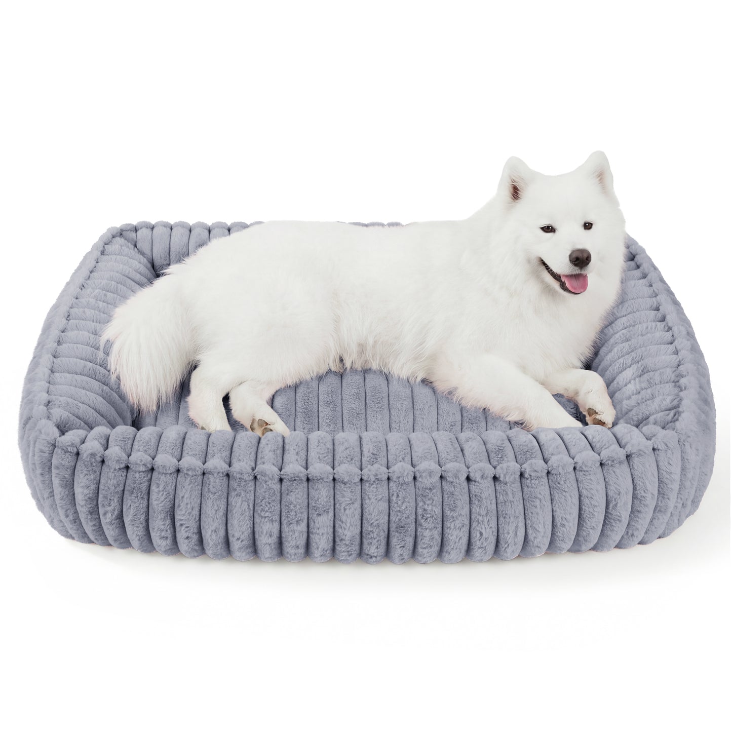 Exclusivo Mezcla Ribbed Plush Cuddler Dog Bed, 36"x28" Calming Pet Bed with Non-Slip Bottom for Large Dogs, Machine Washable, Light Grey