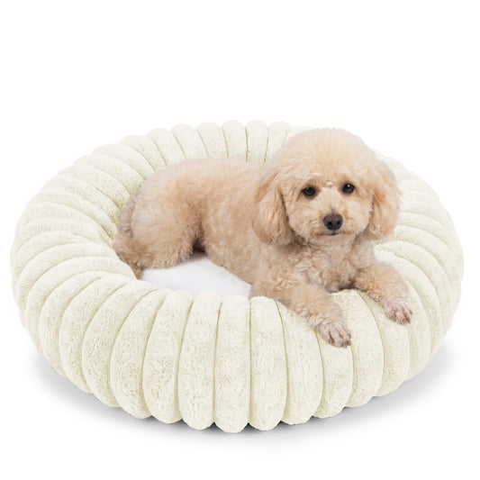 Exclusivo Mezcla Calming Donut Dog Bed, 24 inches Cozy Fluffy Faux Rabbit Fur Round Pet Bed, Machine Washable, Ivory