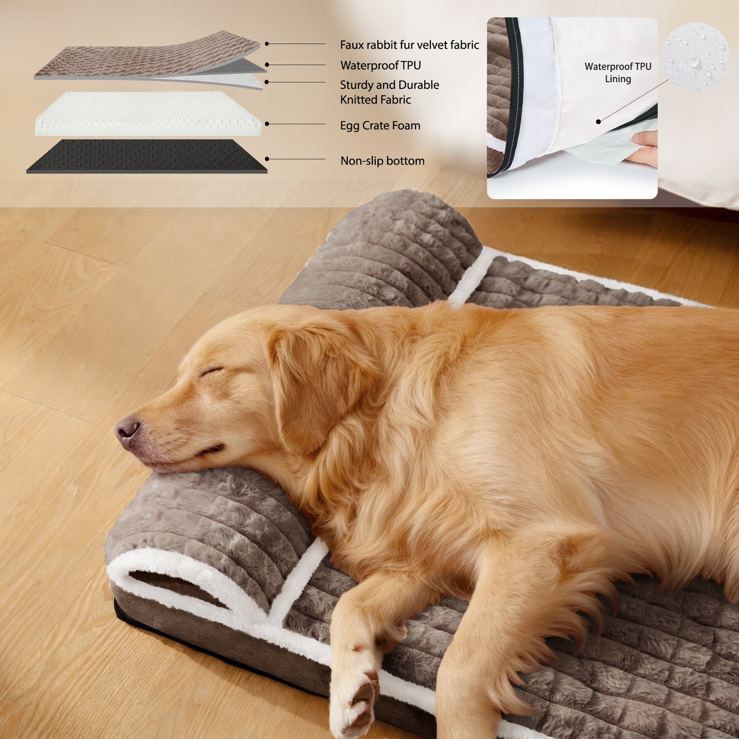 Exclusivo Mezcla Orthopedic Dog Bed with Head Pillow for Medium and Large Dogs, Removable and Machine-Washable Cover, 36"X24", Brown