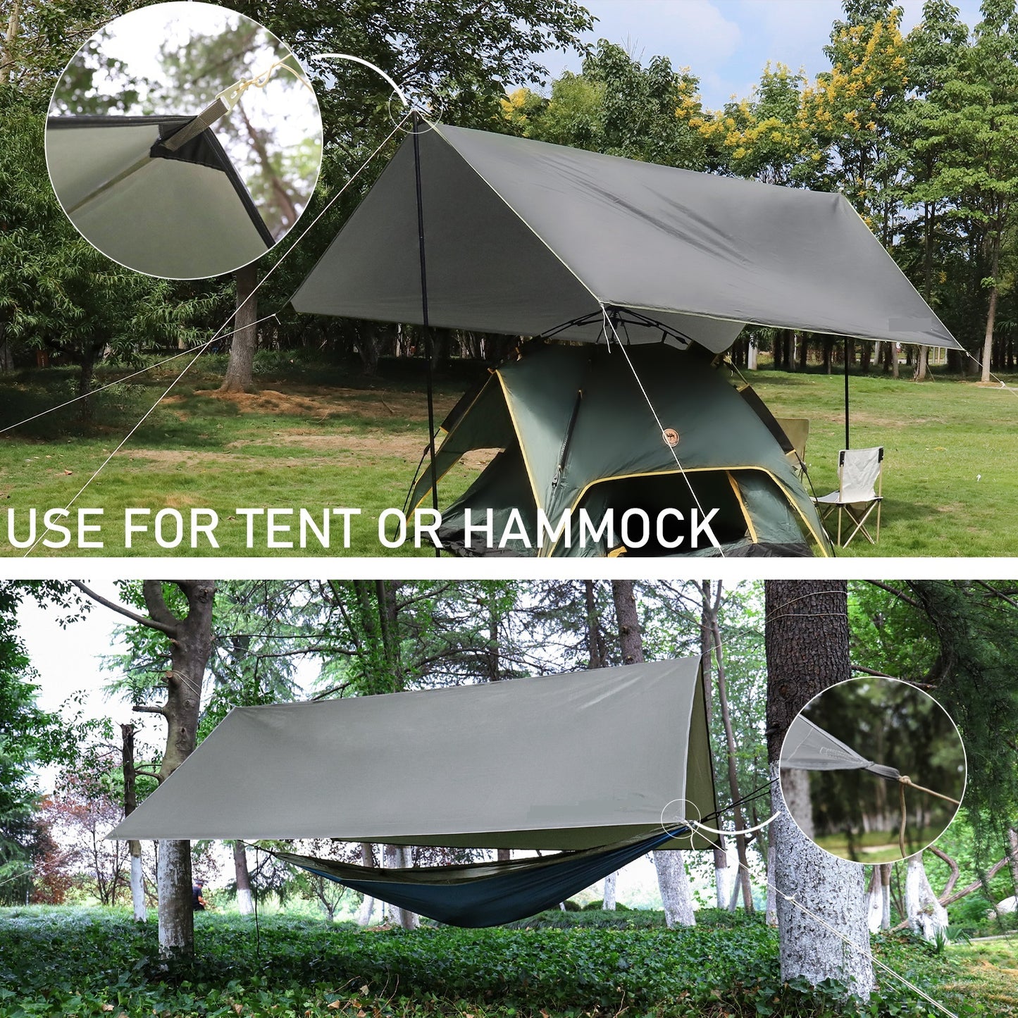 Exclusivo Mezcla Rain Fly Camping Tarp 3000mm+ Ultra Waterproof Resistant Sun Shade Lightweight Hammock Tent Tarp with Multifunctional Camping Accessories (10X10 ft Grey)