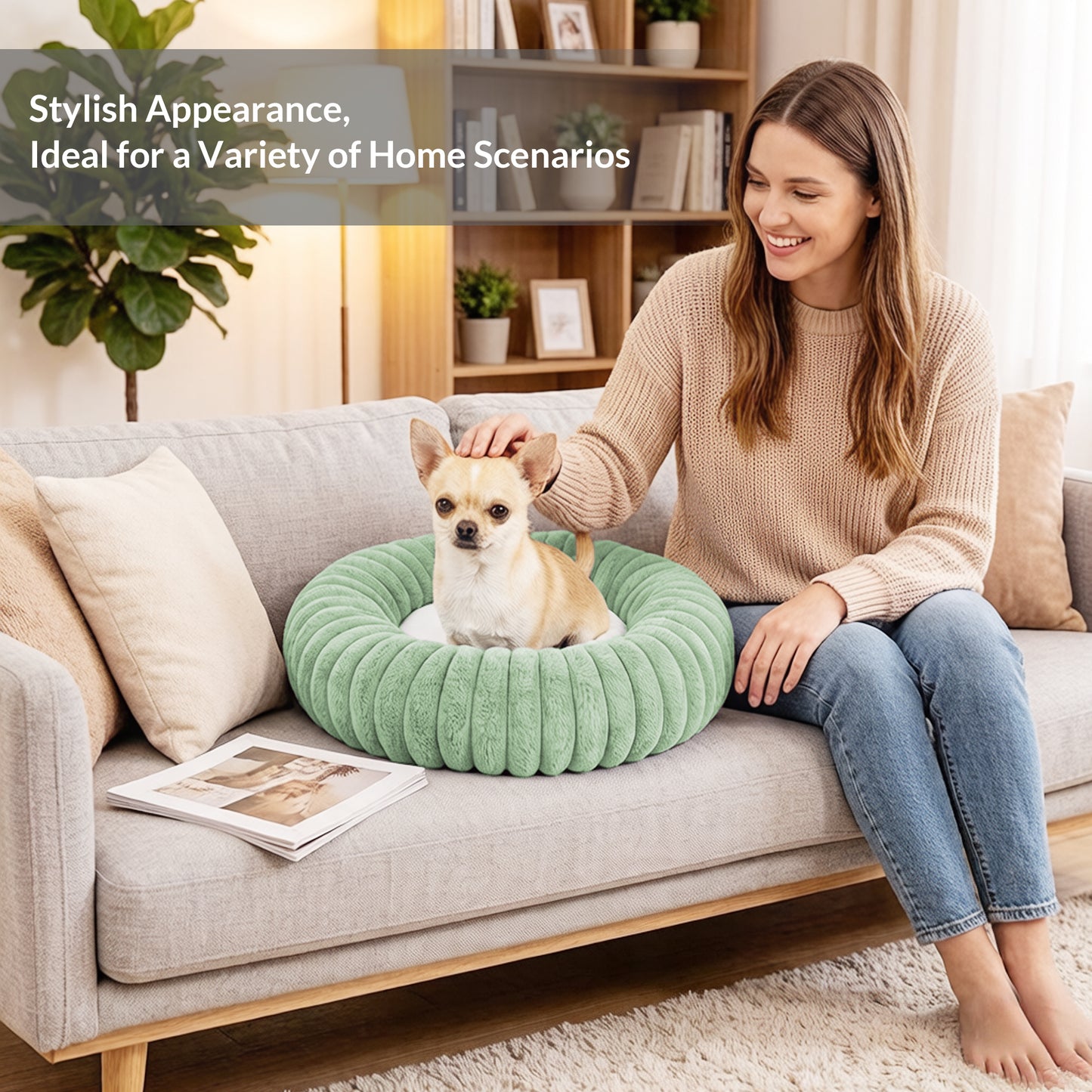 Exclusivo Mezcla Calming Donut Dog Bed, 20 inches Cozy Fluffy Faux Rabbit Fur Round Pet Bed, Machine Washable, Green