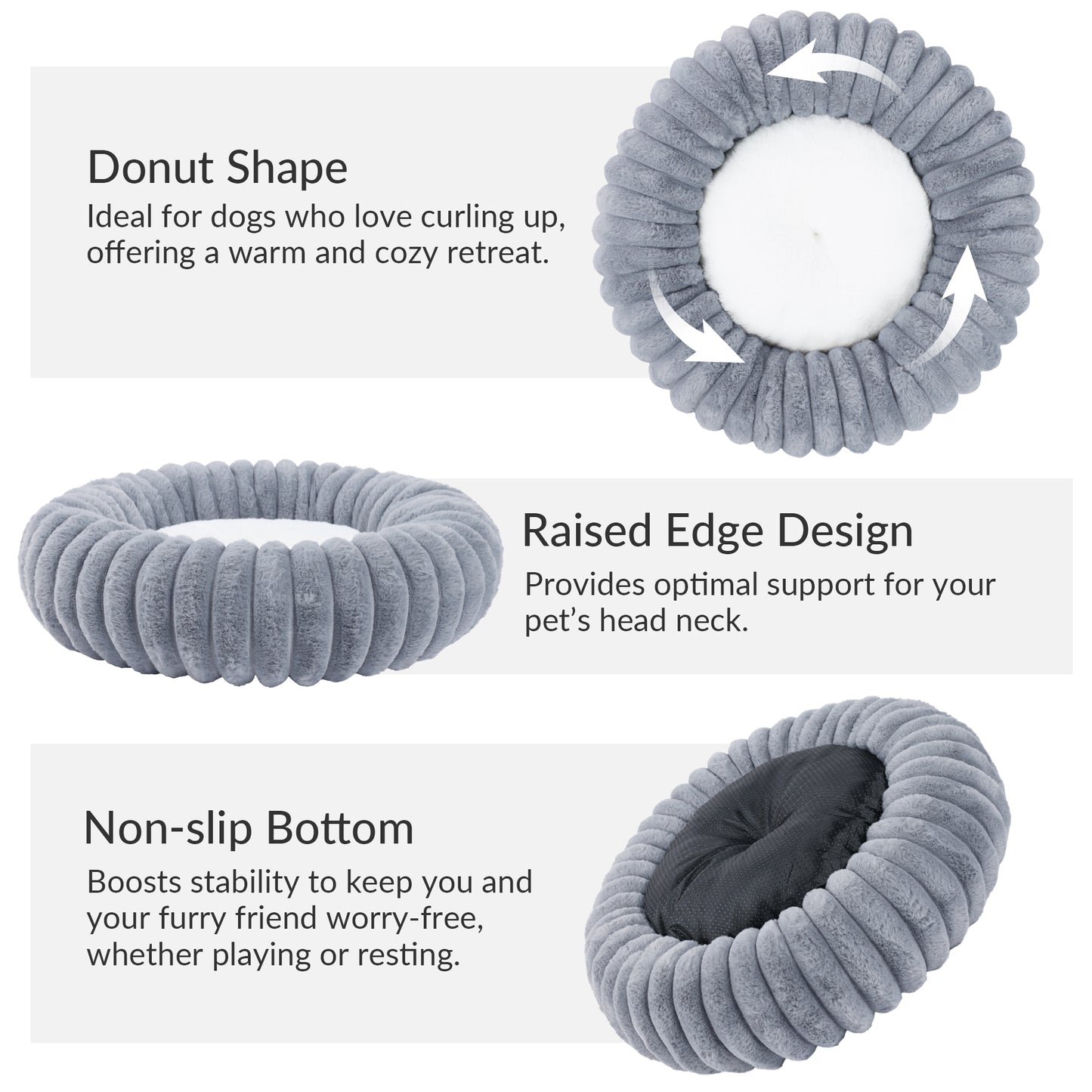 Exclusivo Mezcla Calming Donut Dog Bed, 24 inches Cozy Fluffy Faux Rabbit Fur Round Pet Bed, Machine Washable, Light Grey