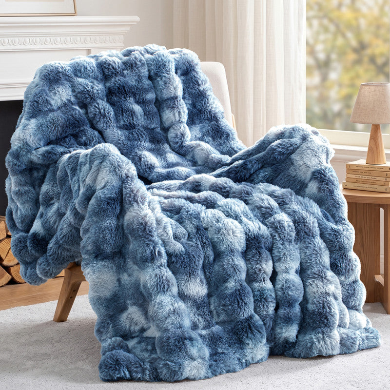 Exclusivo Mezcla Fuzzy Faux Fur Throw Blanket, Sherpa Fleece Blankets,Fluffy Plush Warm Throws for Couch, Bed, 50x60 Inches, Tie-dye Navy Blue