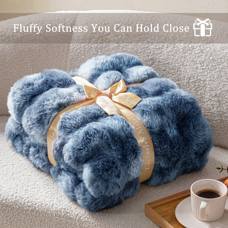 Exclusivo Mezcla Fuzzy Faux Fur Bed Blanket King Size, Sherpa Fleece Blankets,Fluffy Plush Warm Throws for Couch, Bed, 90X104 Inches, Tie-dye Navy Blue