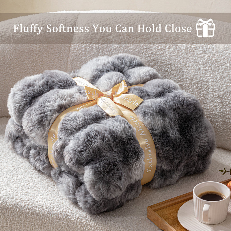 Exclusivo Mezcla Fuzzy Faux Fur Bed Blanket Queen Size, Sherpa Fleece Blankets,Fluffy Plush Warm Throws for Couch, Bed, 90X90 Inches, Tie-dye Grey