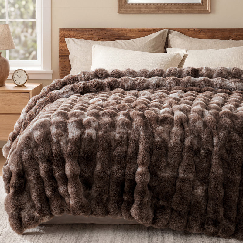 Exclusivo Mezcla Fuzzy Faux Fur Bed Blanket Queen Size, Sherpa Fleece Blankets,Fluffy Plush Warm Throws for Couch, Bed, 90X90 Inches, Tie-dye Coffee