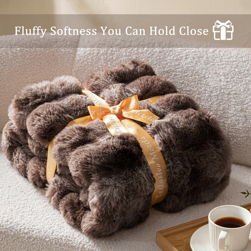 Exclusivo Mezcla Fuzzy Faux Fur Bed Blanket Queen Size, Sherpa Fleece Blankets,Fluffy Plush Warm Throws for Couch, Bed, 90X90 Inches, Tie-dye Coffee