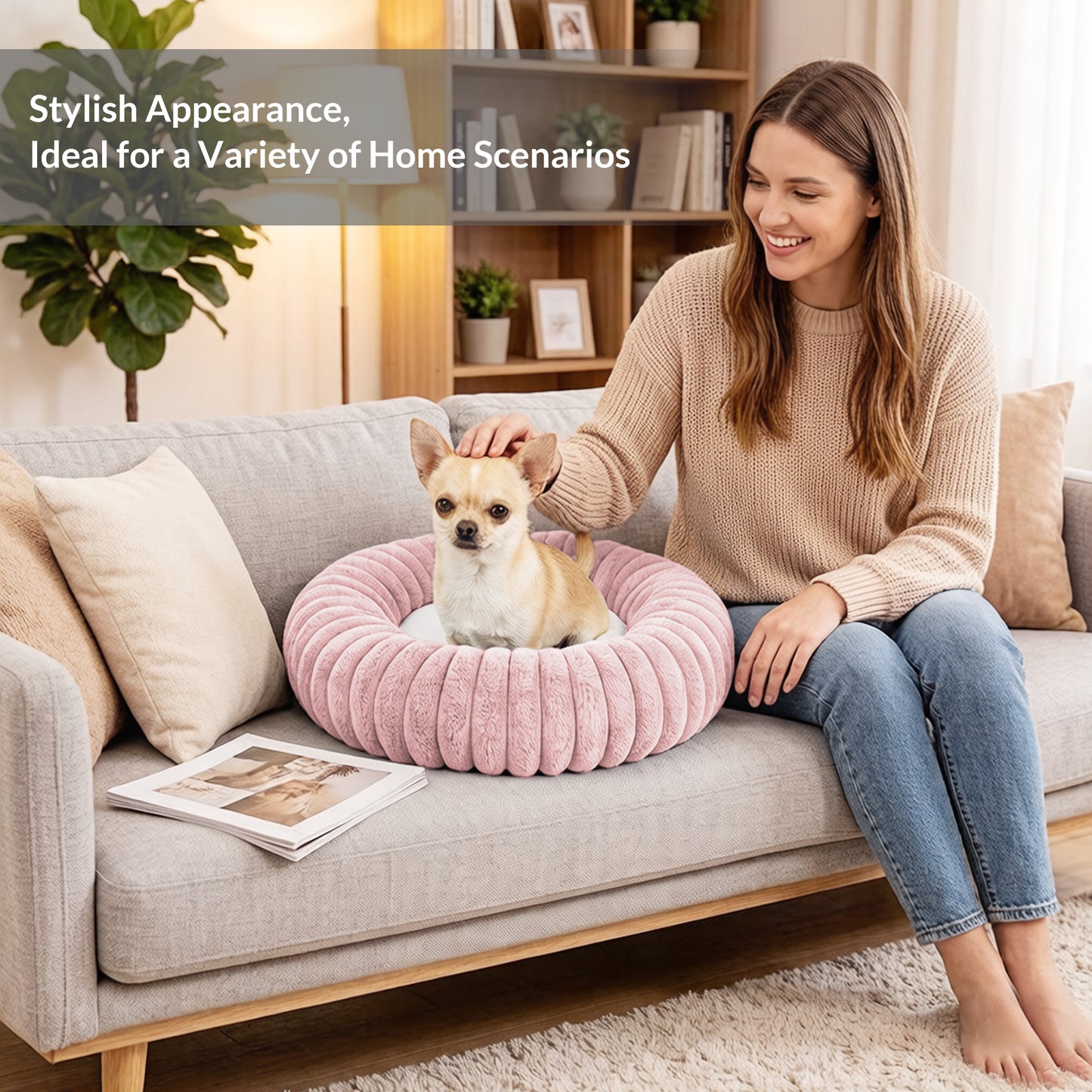 Exclusivo Mezcla Calming Donut Dog Bed, 24 inches Cozy Fluffy Faux Rabbit Fur Round Pet Bed, Machine Washable, Pink