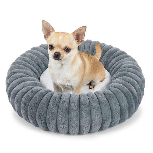Exclusivo Mezcla Calming Donut Dog Bed, 20 inches Cozy Fluffy Faux Rabbit Fur Round Pet Bed, Machine Washable, Dark Grey